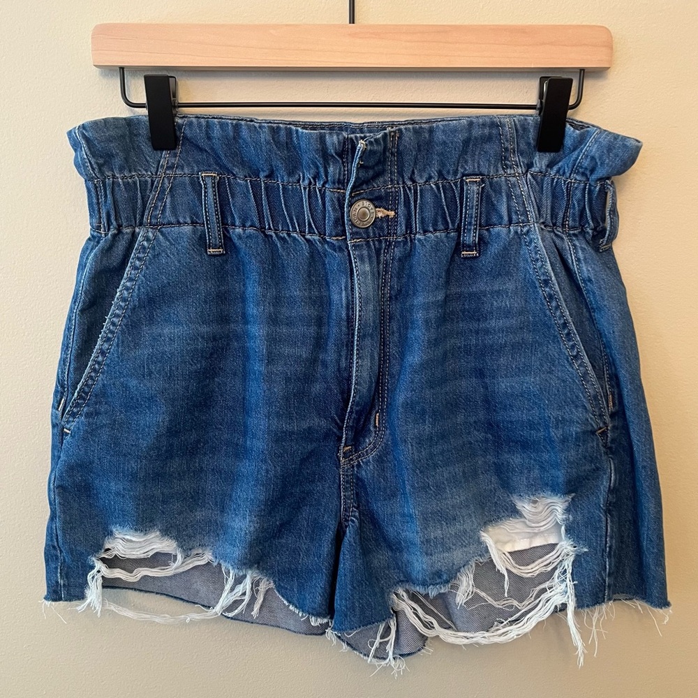 Women's Distressed Paperbag Waist Denim Shorts - Blue